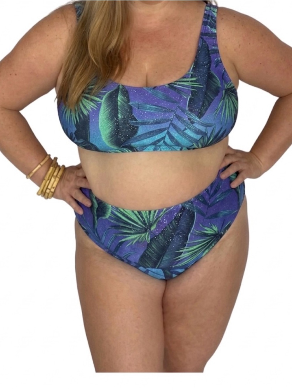 Curvy Beach Blue Hawaiian Palm Bikini Scoop Top 3X Plus Size Luxury USA TOP ONLY